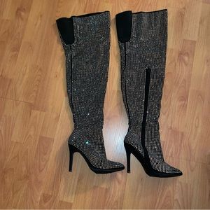 Woman’s all over diamond Rhinestone strip front sluchy thigh high stiletto boots